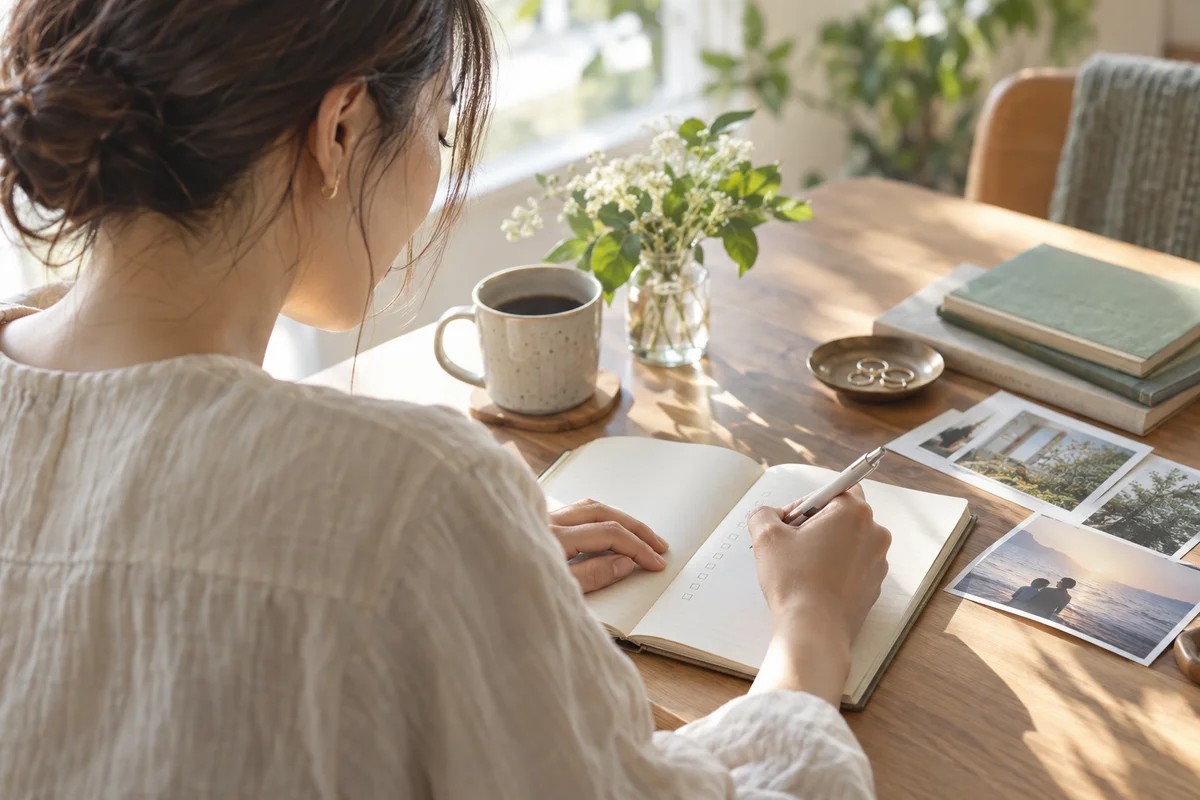 ノートに自分の希望と交際の課題を書き出す女性