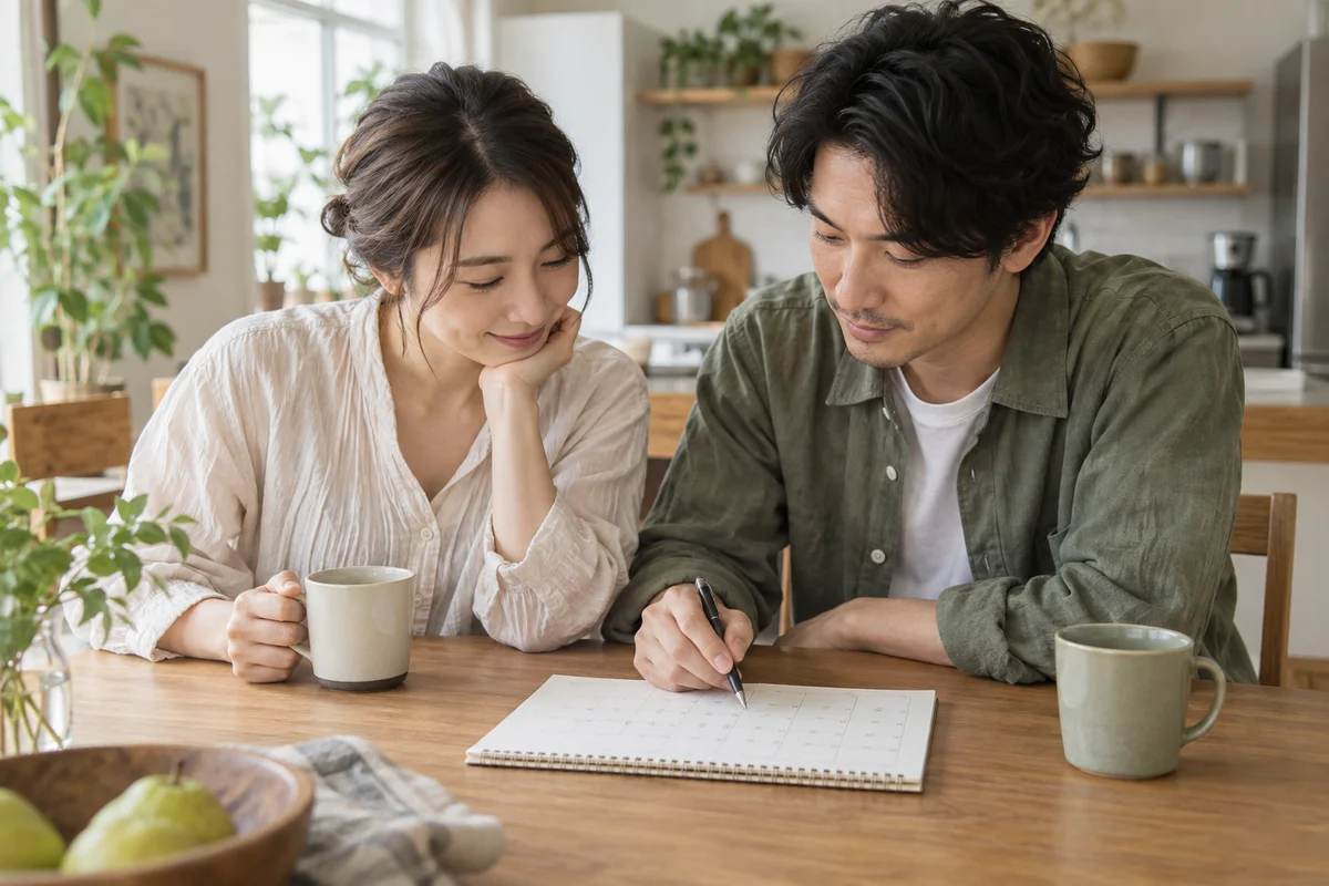 二人でカレンダーを見ながら無理のない交際の予定を相談するカップル