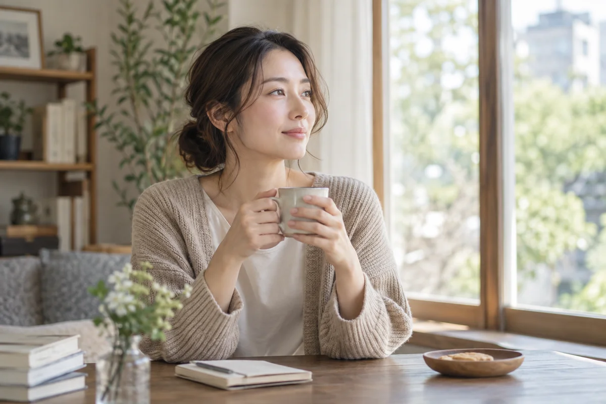 窓辺で気持ちを振り返りこれからの生活を考える女性