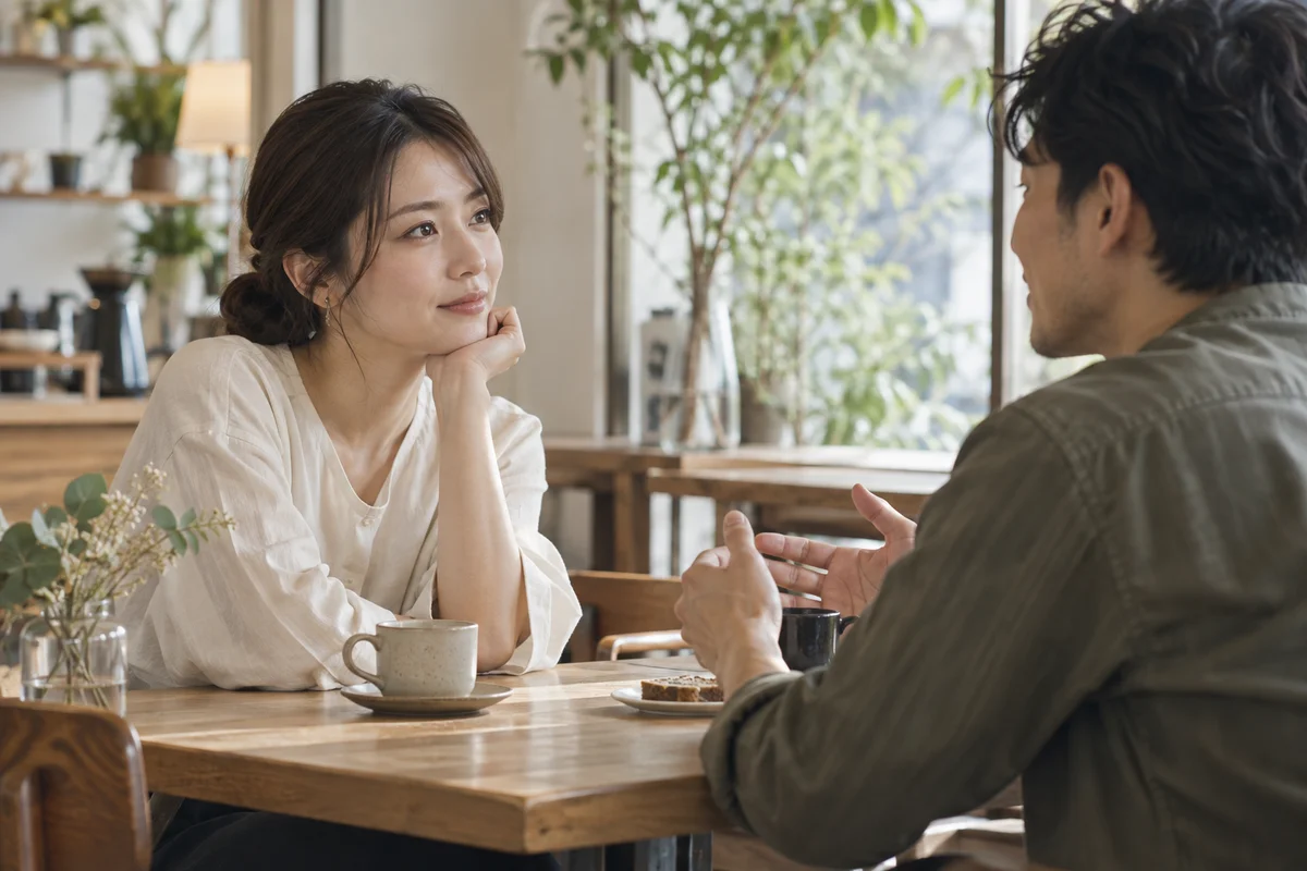 カフェで相手の話を落ち着いて聞く女性