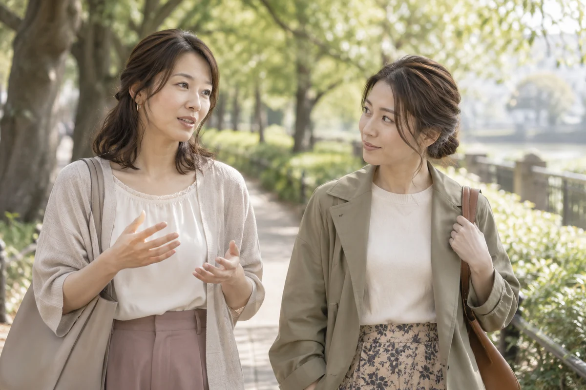 友人と散歩しながら別れた後の気持ちを話す女性