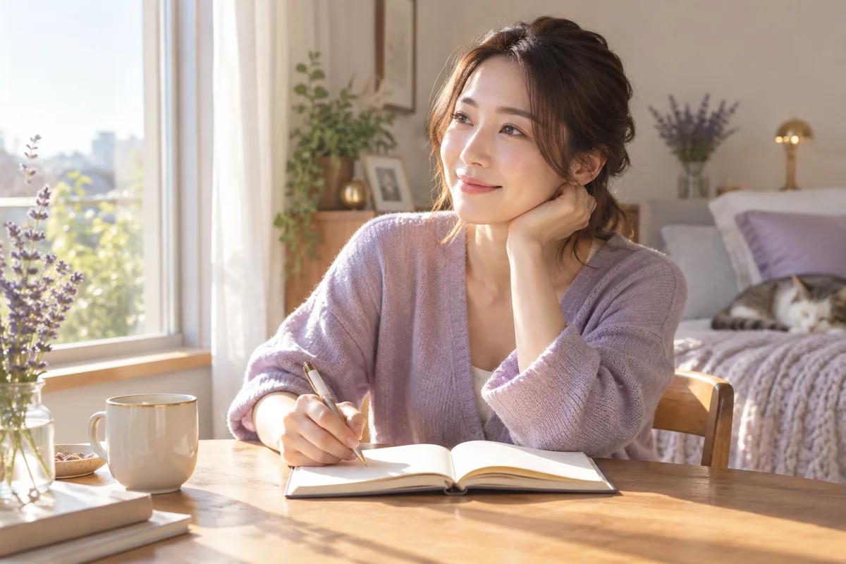 日記を書きながら自分と恋の変化を見つめる女性