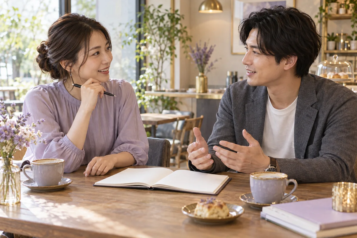 カフェで会話を楽しみ次の予定を話す男女