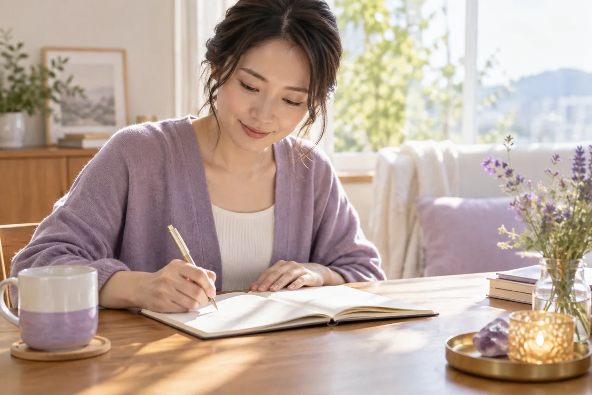 ノートに理想の関係を書き出す女性