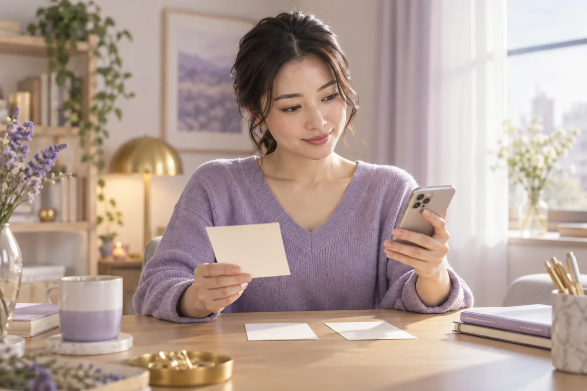メモとスマートフォンを見比べ気持ちと事実を整理する女性