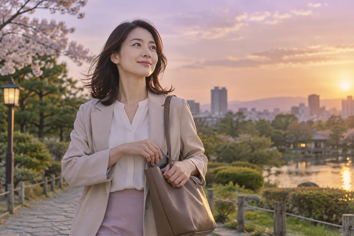 夕暮れの公園で希望を持って一歩踏み出す女性