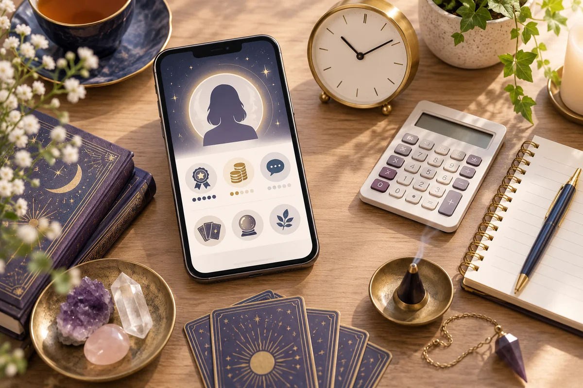 電話占いのプロフィールと料金を確認するスマートフォンと電卓