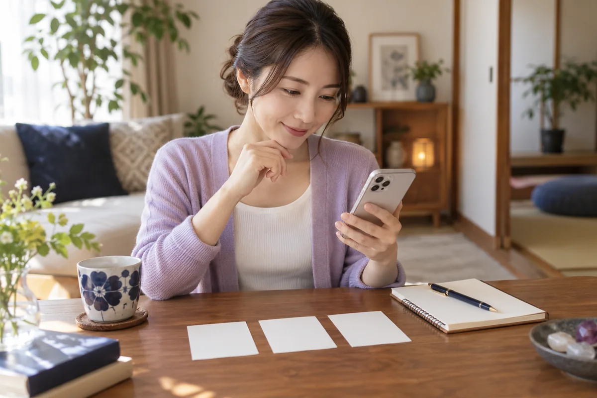 スマートフォンで待機予定を確認し相談メモを準備する女性