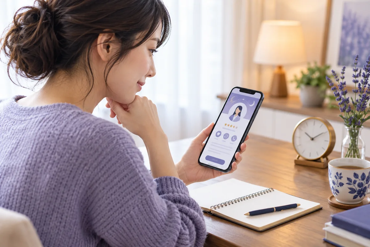 電話占い師のプロフィールと料金を確認する女性