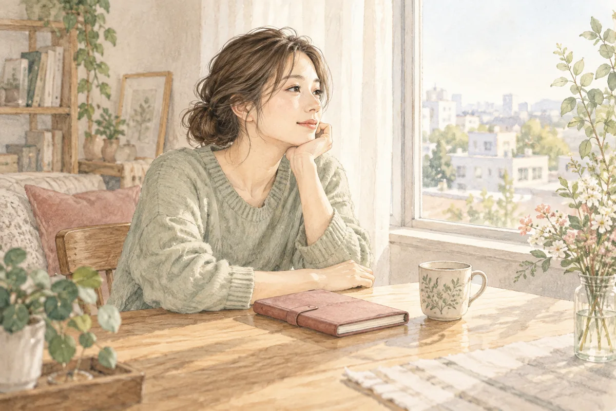 結婚の返事を待つ気持ちと自分の希望を、窓辺で静かに考える女性