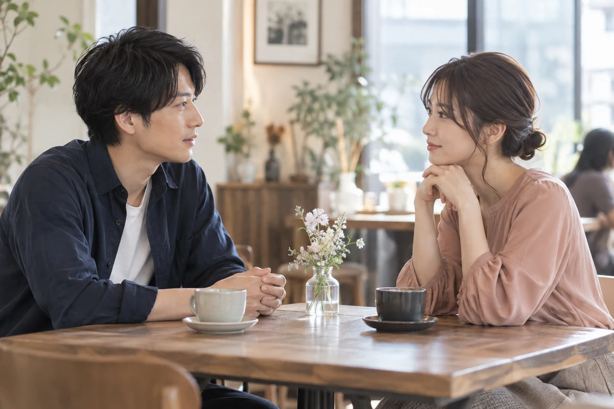落ち着いたカフェで今後の関係について話す二人