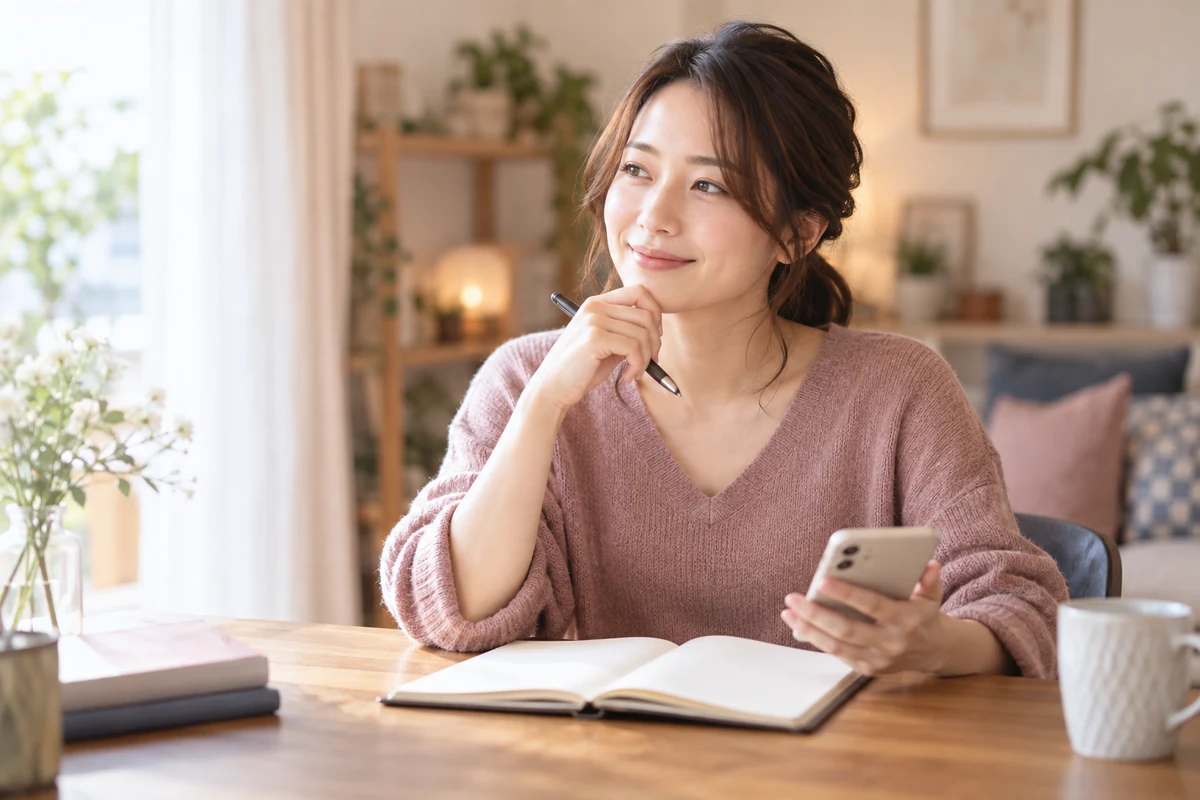 本命とキープについての疑問をスマートフォンで整理する女性