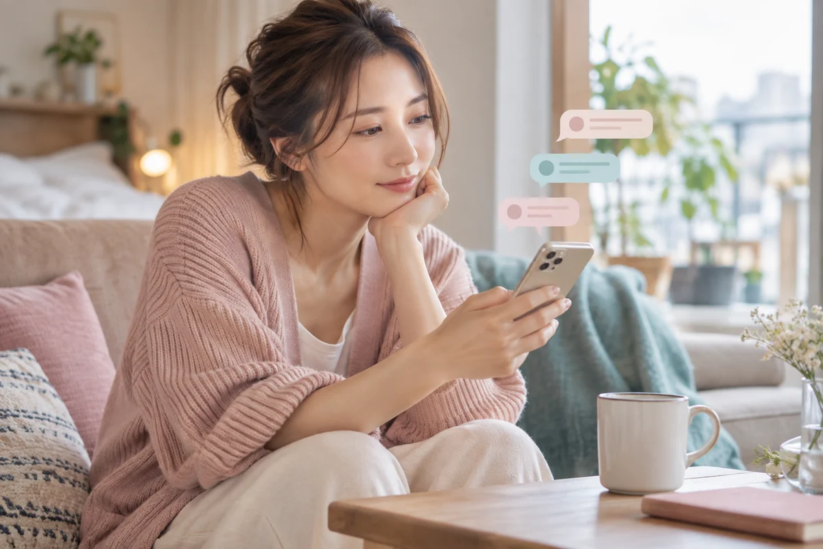 複数のやり取りを前に気持ちを整理する女性