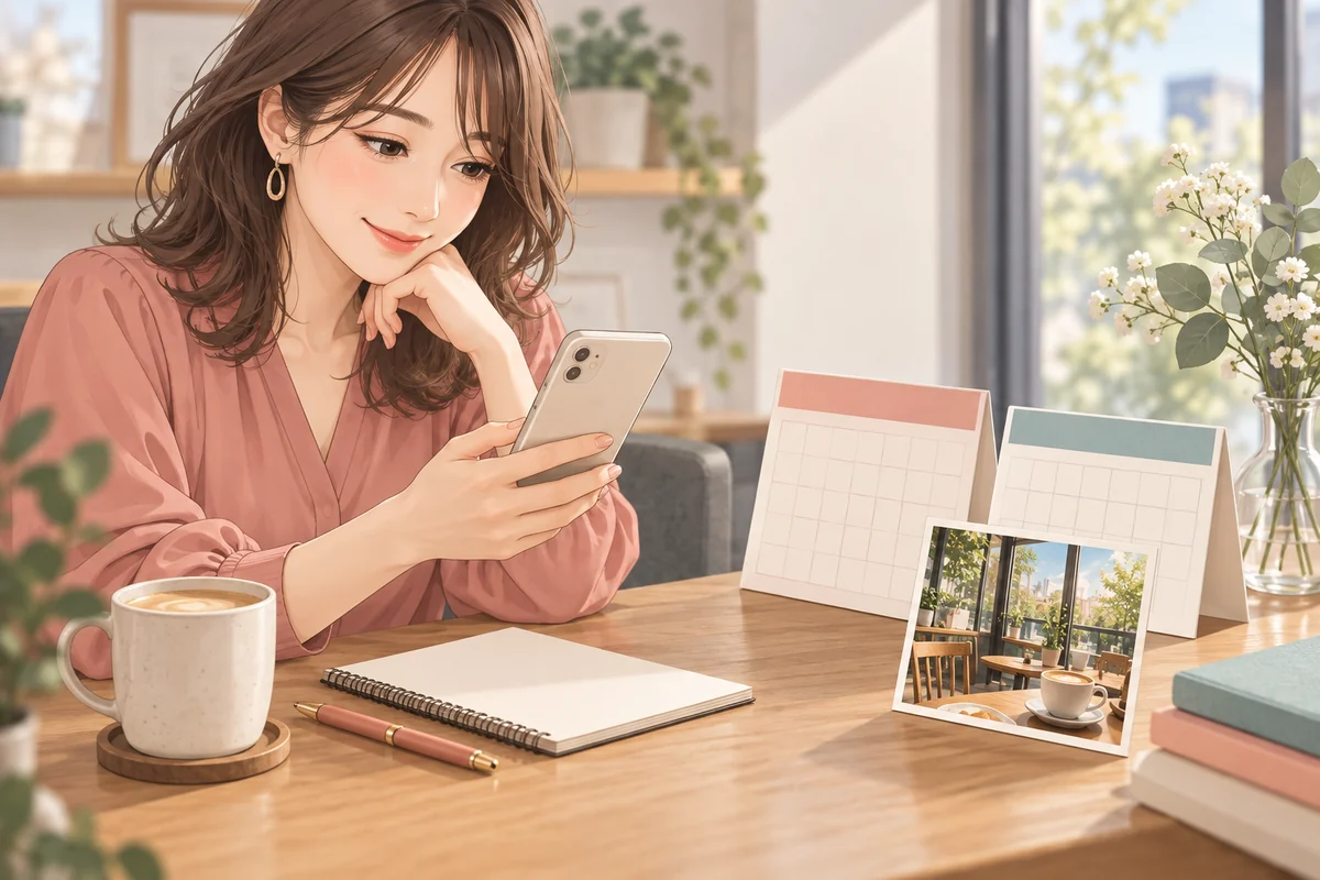 昼のカフェと候補日を用意して負担の少ない誘い方を考える女性