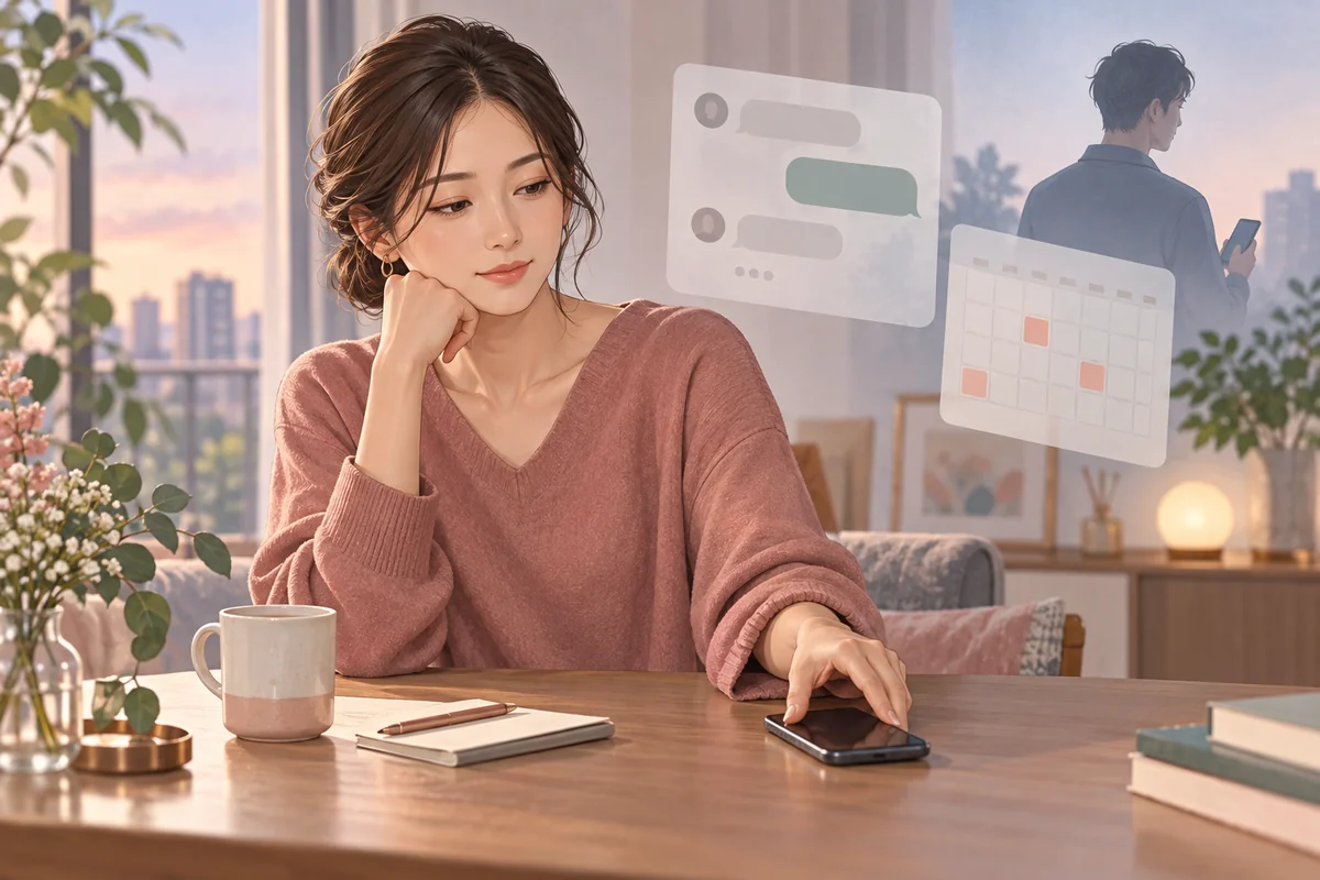 曖昧な日程と途切れた会話を見てスマートフォンを置く女性