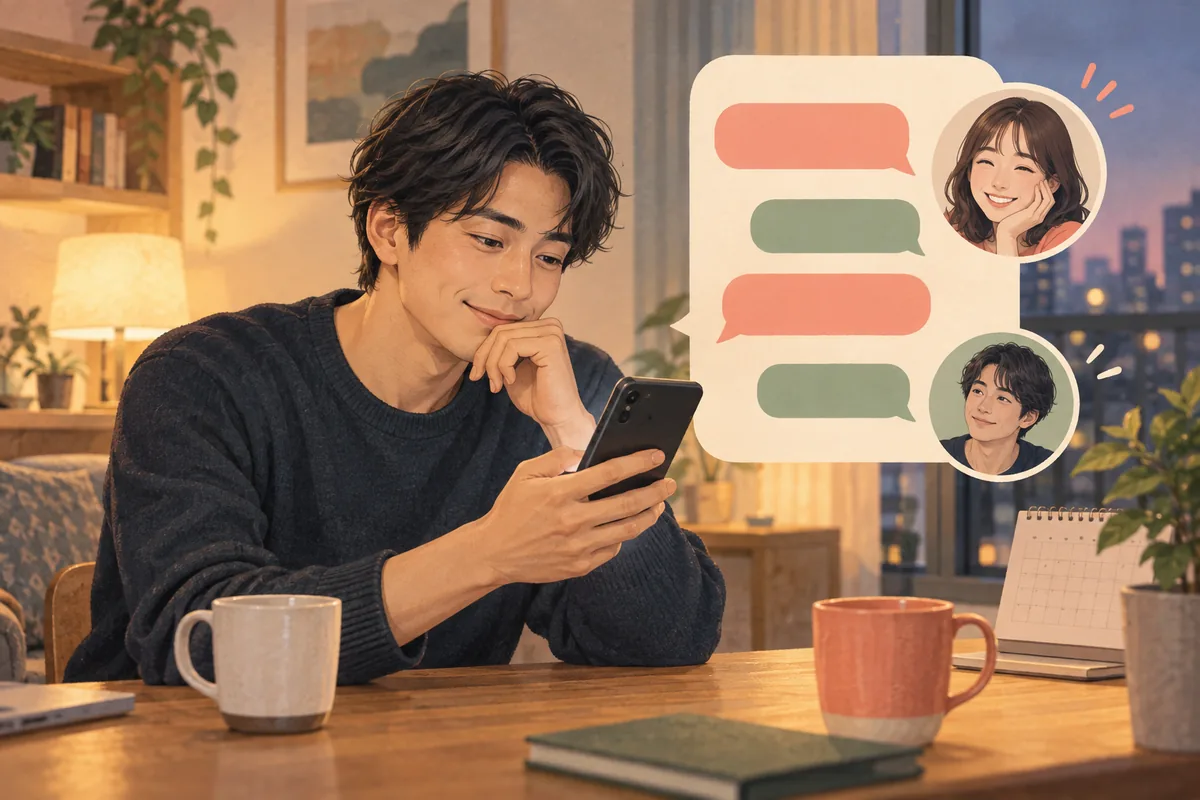 マッチングアプリの会話が双方向になったタイミングを確認する男性