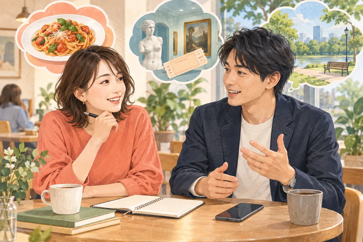 食事や趣味の話から自然なデートの誘い方を考える男女