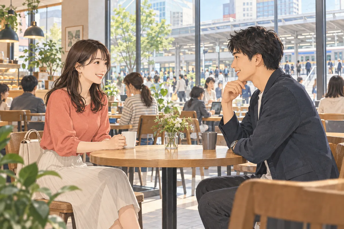 人目のある駅近のカフェで安全に初対面する男女