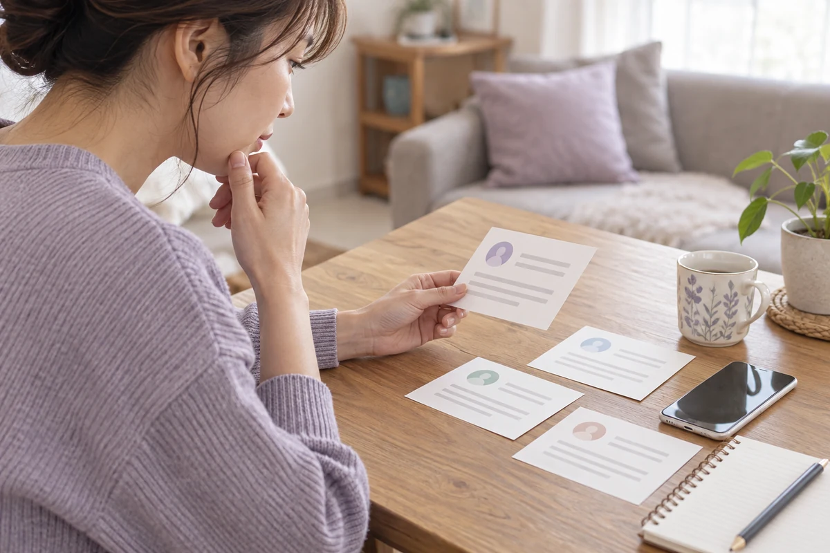 複数の無記名レビューカードを比較する成人女性のイメージ