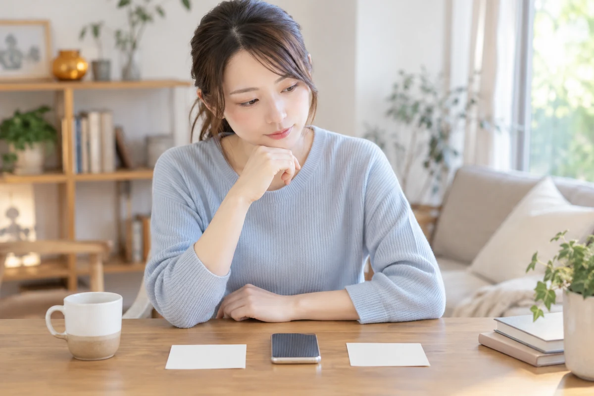 電話相談前に相談方法を落ち着いて選ぶ女性のイメージ