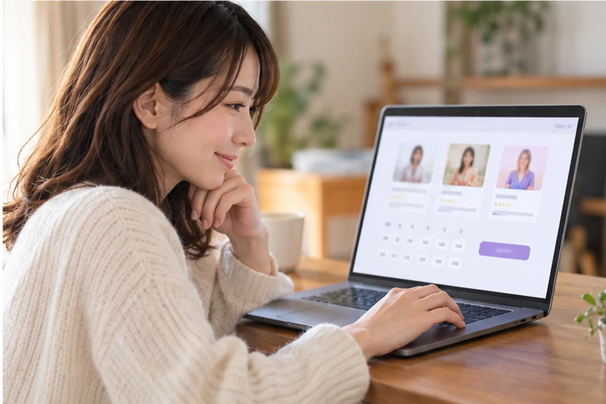 みんなの電話占いへログイン後に占い師と料金を比較する女性