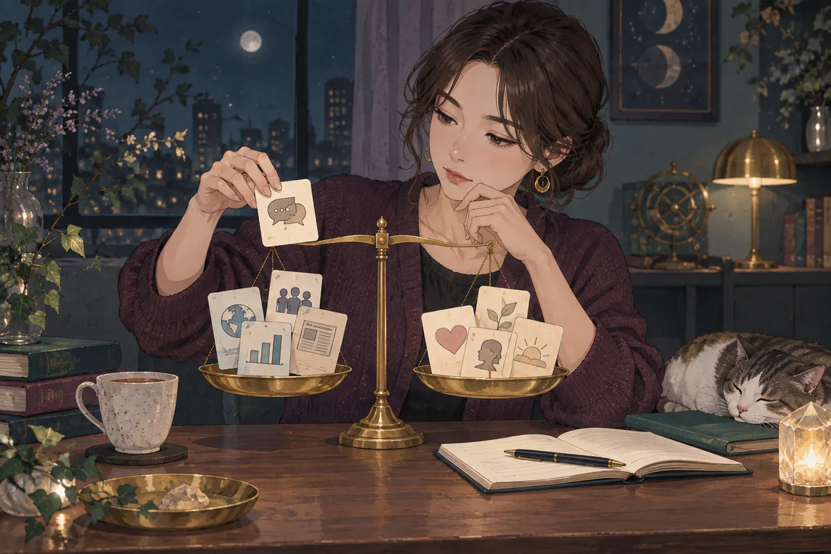 複数の判断材料を天秤で比べながら考える女性
