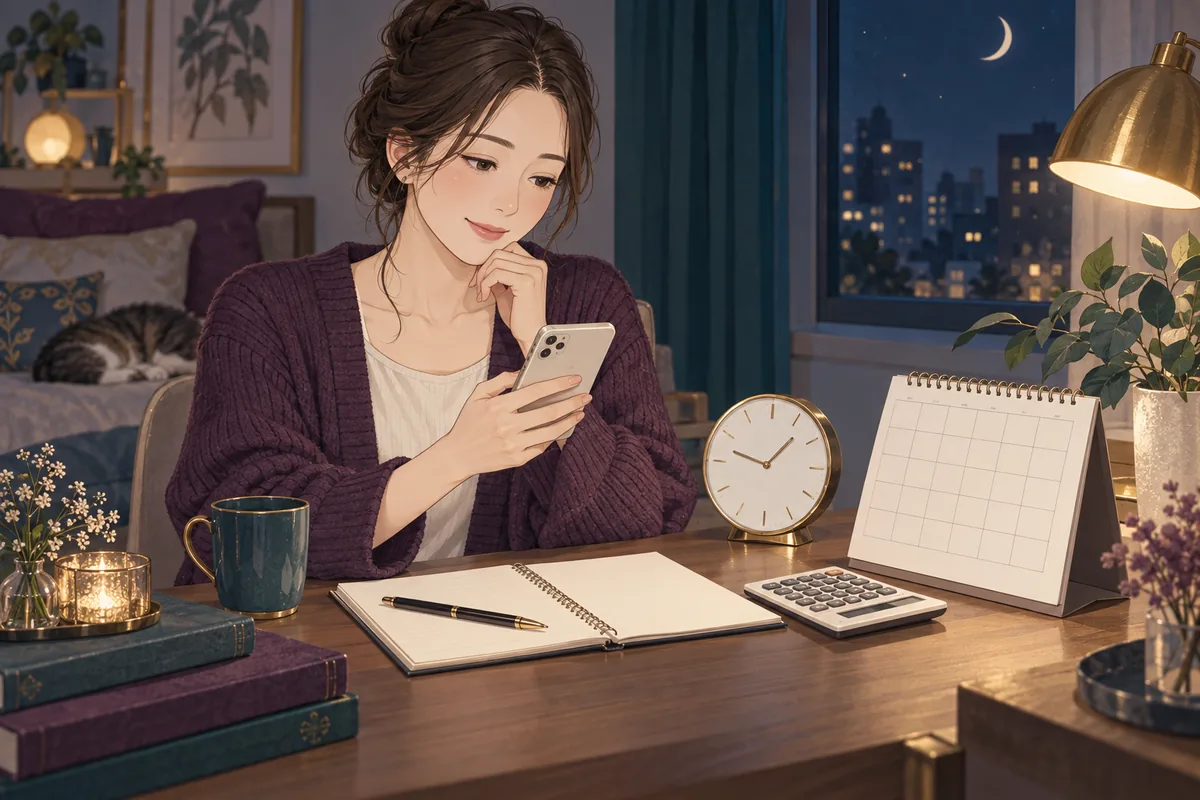 スマートフォンと時計、電卓で相談時間と予算を決める女性
