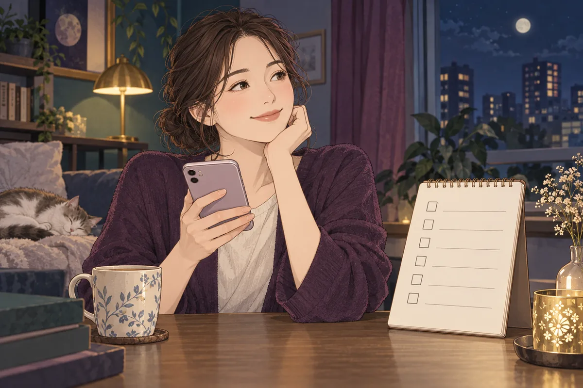 スマートフォンとチェックリストで予約前の疑問を整理する女性