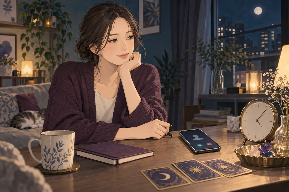自宅で電話占いへの相談を検討する女性