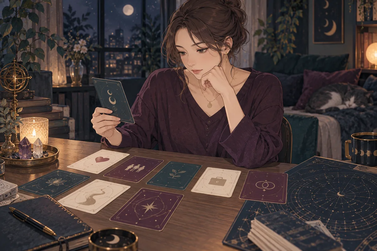 抽象的なカードと星図を使って相談内容を多面的に整理する女性