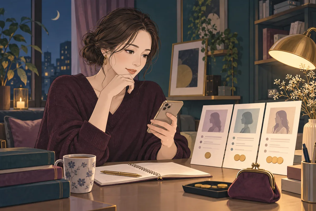 スマートフォンと時計で占い師のプロフィールと料金を確認するイメージ