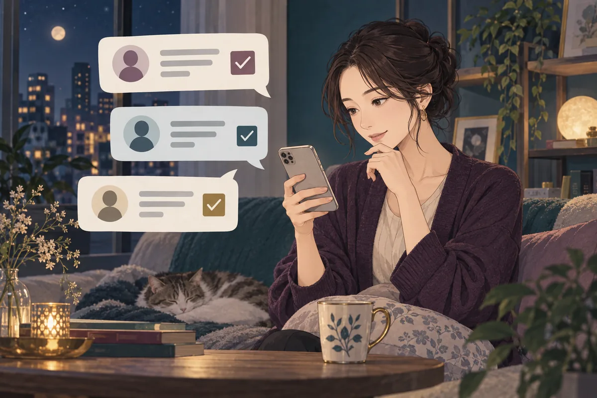 スマートフォンで複数の口コミ傾向を比較する女性