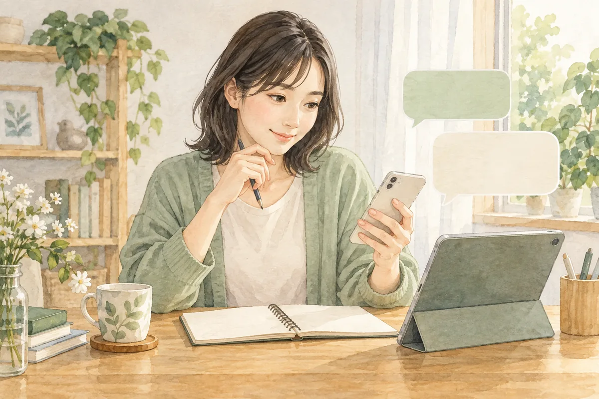 オンライン占いのメニューと口コミを比較する女性のイメージ