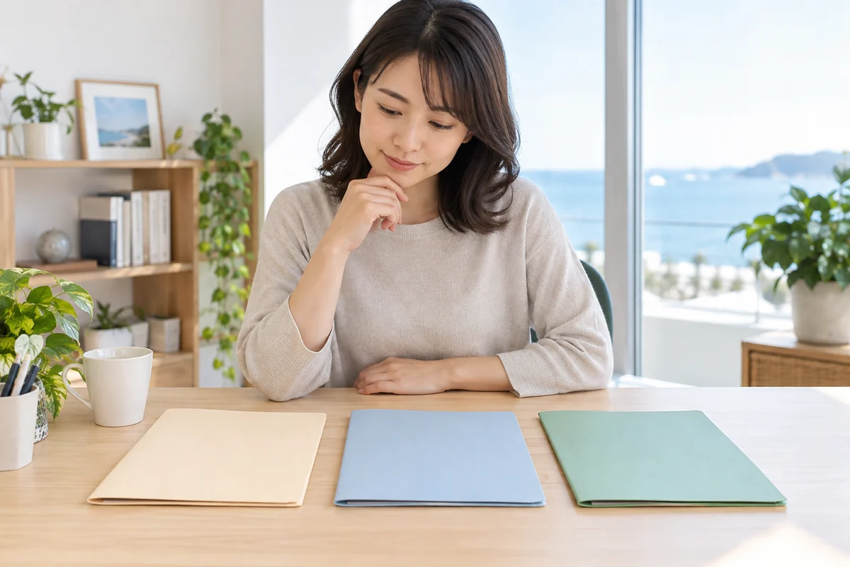 三つの探偵相談先を条件カードで比較する成人女性のイメージ