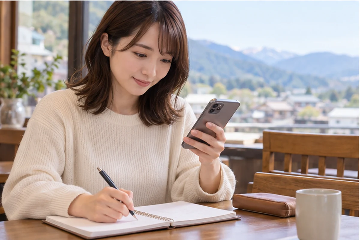 スマートフォンで長野の占い予約を確認する女性
