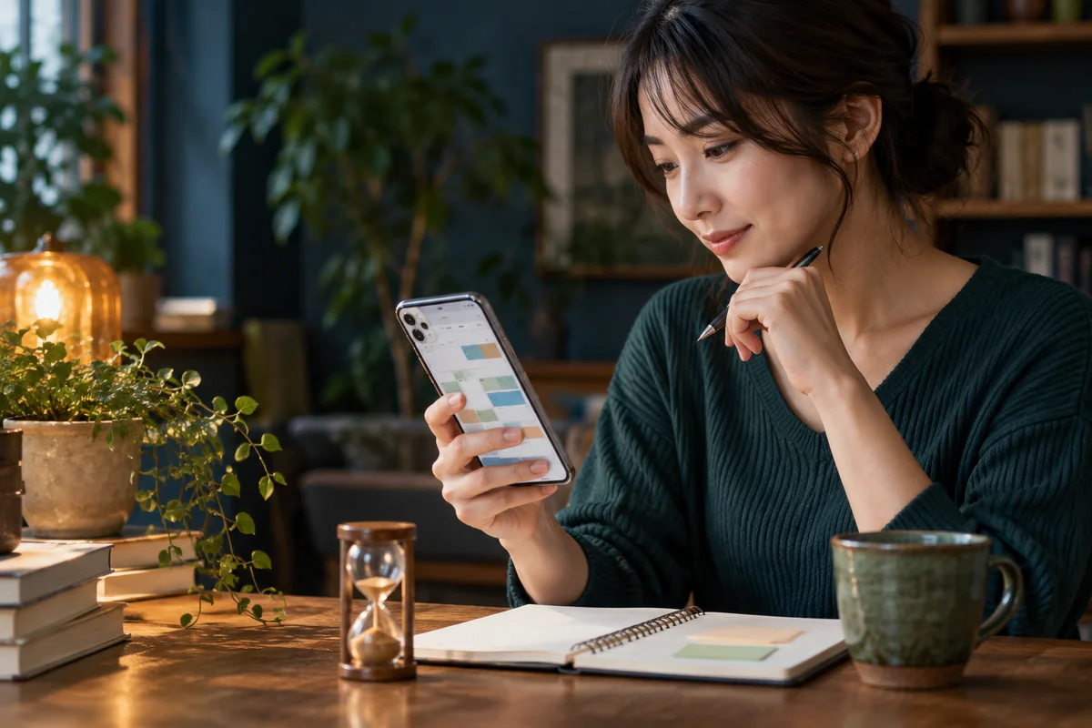 スマートフォンで占い師の出演予定を確認し予約する女性