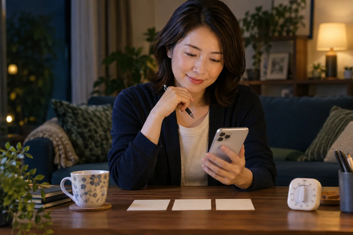 自宅で千里眼所属占い師への電話相談を準備する女性
