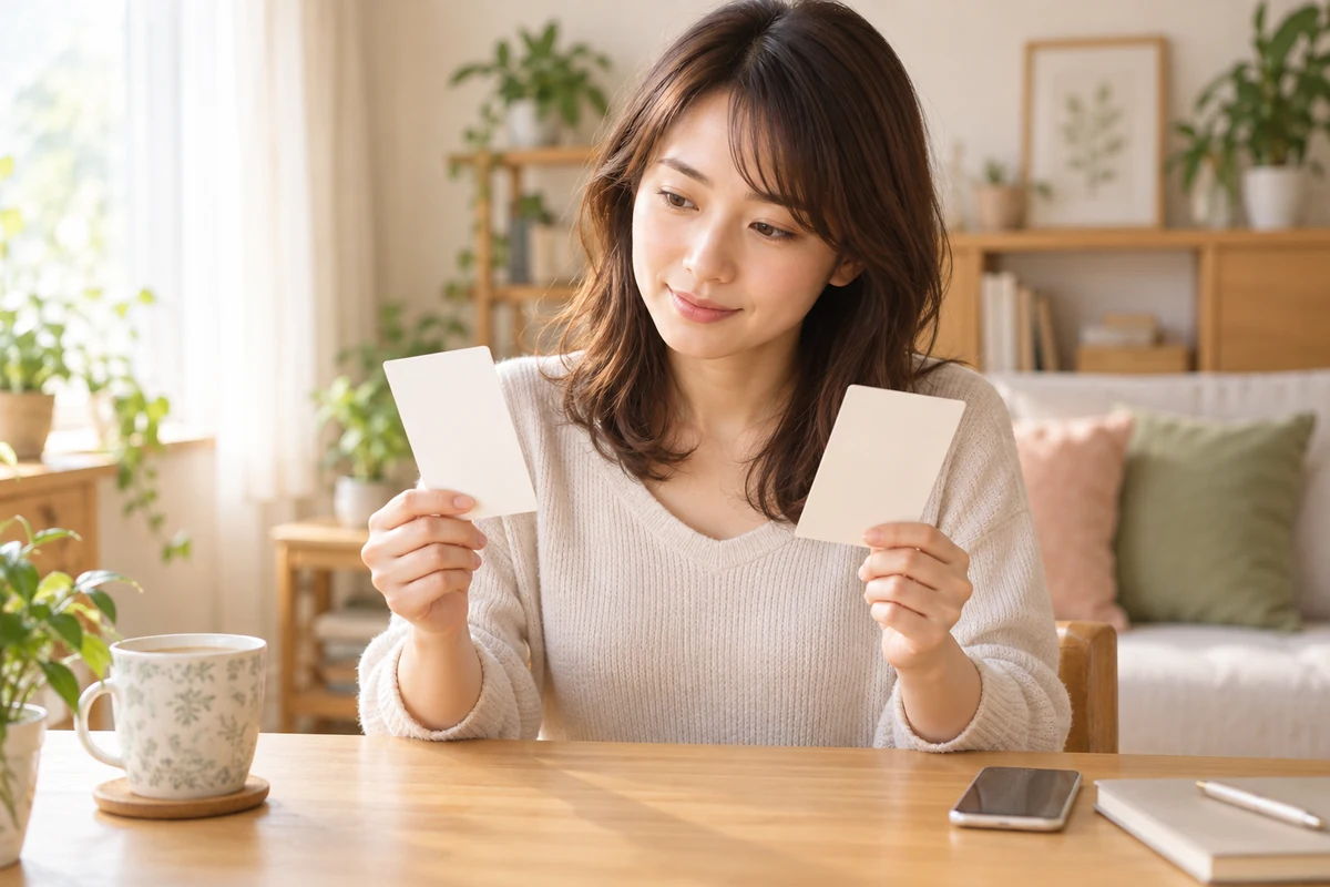 電話相談前に複数の選択肢を落ち着いて比較する女性のイメージ