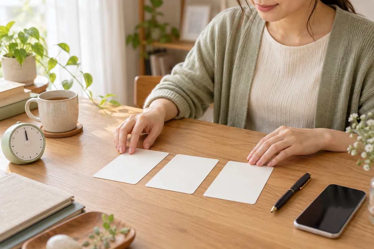 事実と質問と終了時刻を三枚のカードへ整理する手元のイメージ
