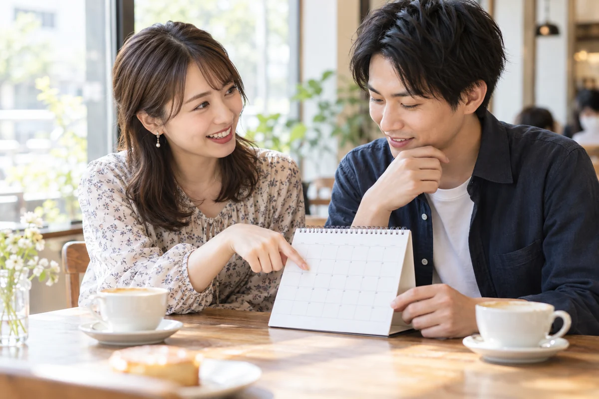 カレンダーを見ながら次の予定を相談する男女
