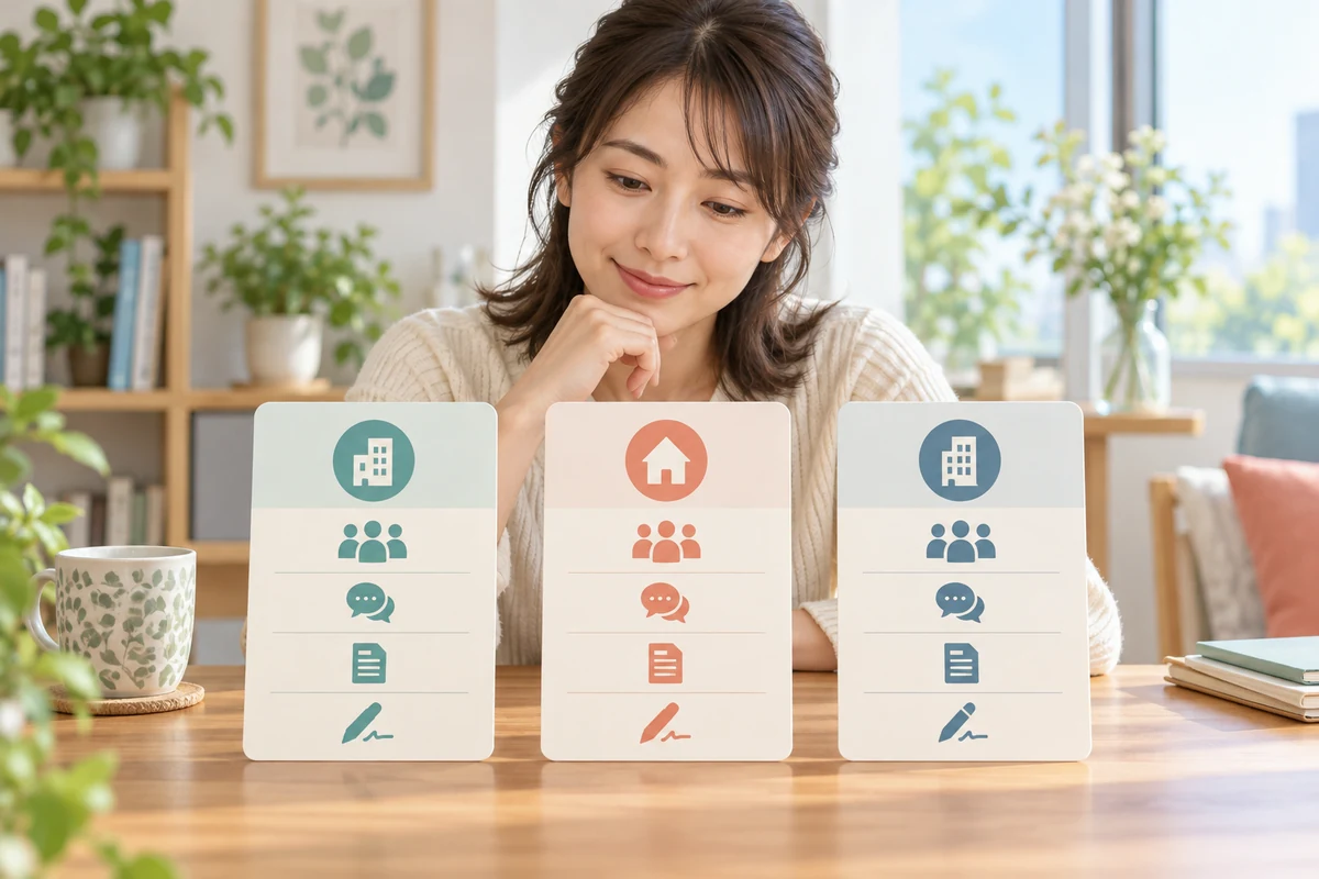 市街地と山間部と広域対応の三つの相談条件を比較する成人女性のイメージ