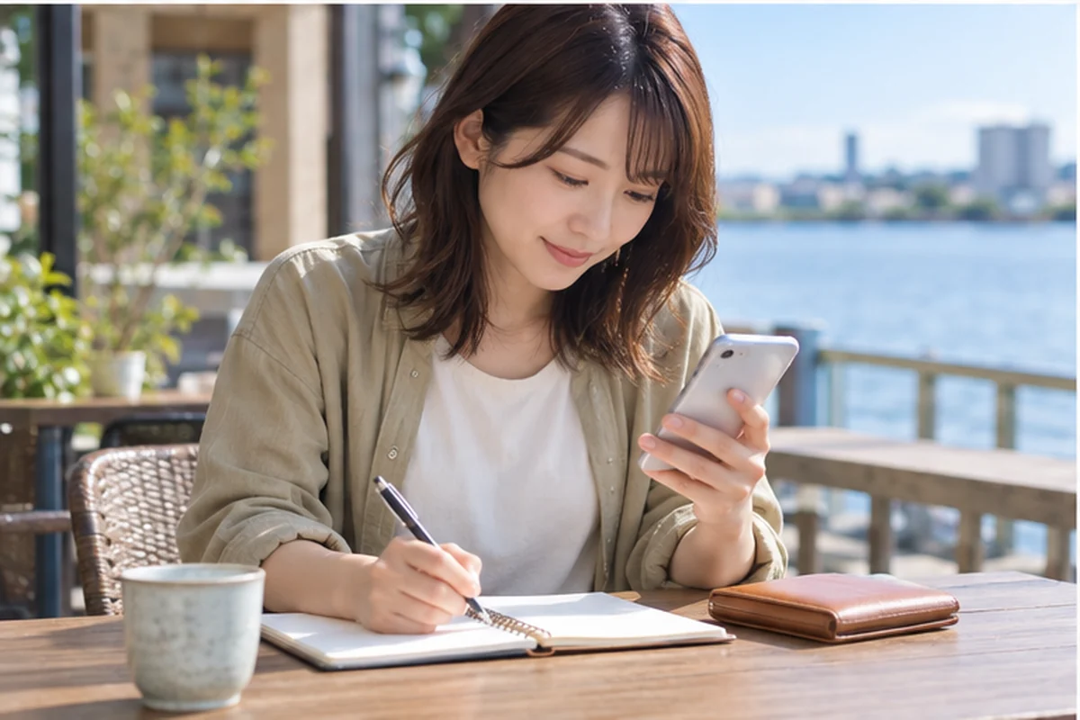 スマートフォンで新潟の占い予約を確認する女性