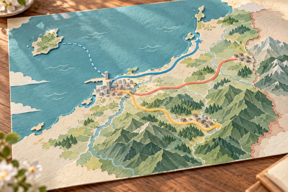 海岸線と山間部と離島を含む広い調査移動範囲を無地の地図で整理するイメージ
