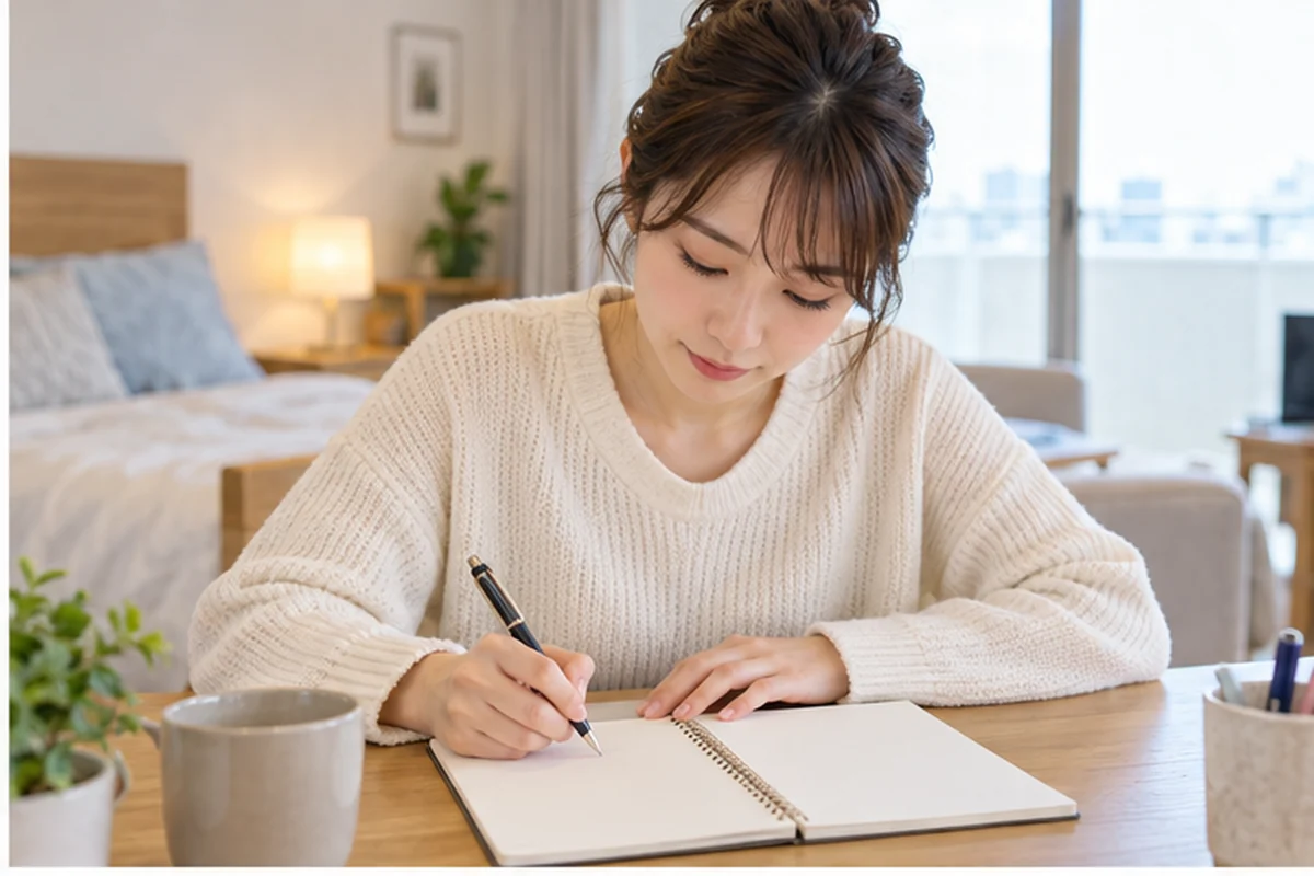 電話占い前に相談予算をノートへ書く女性