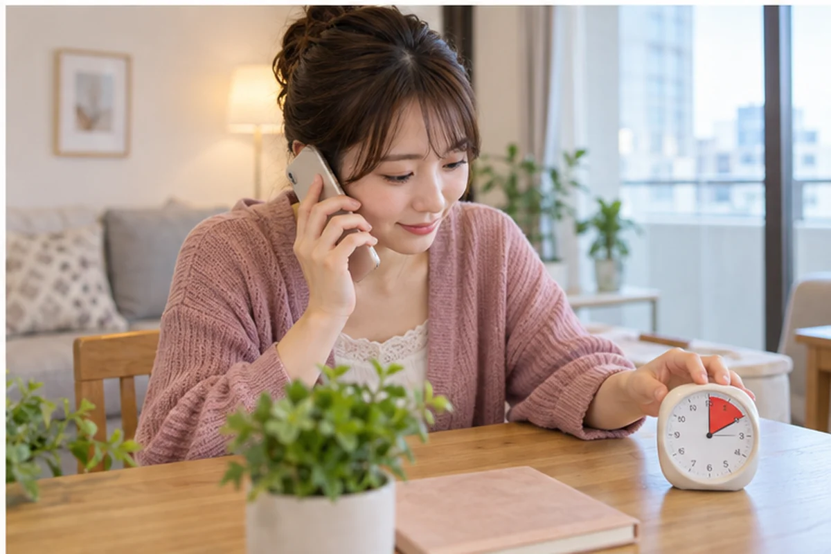 時計を見ながら電話相談を時間内に終える女性