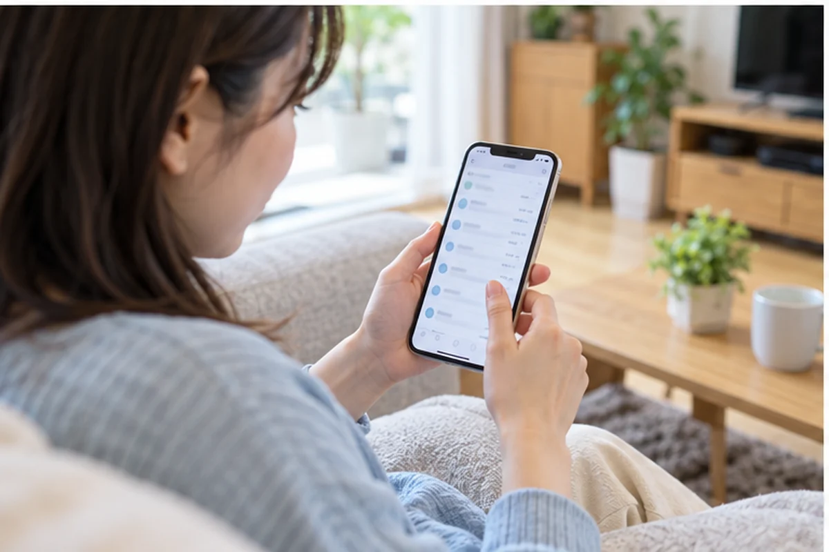 スマートフォンで電話占いの支払い履歴を確認する女性