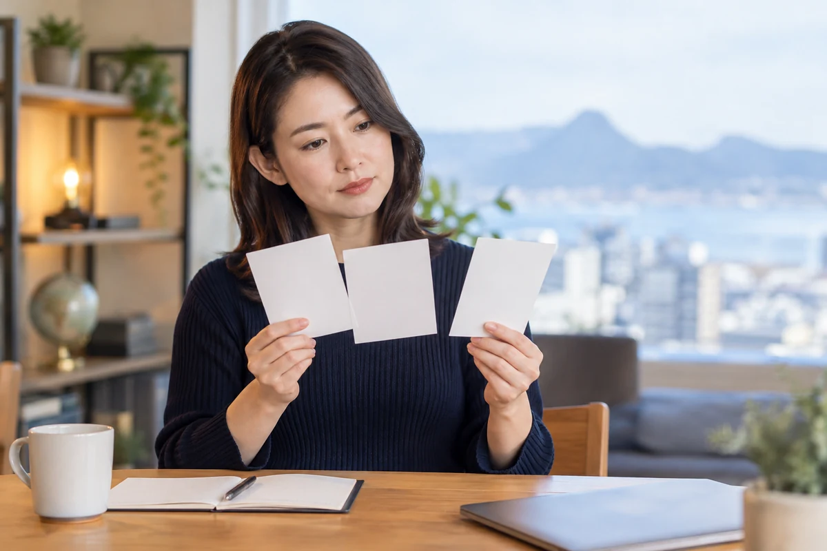 三つの探偵相談条件を同じ基準で比較する成人女性のイメージ