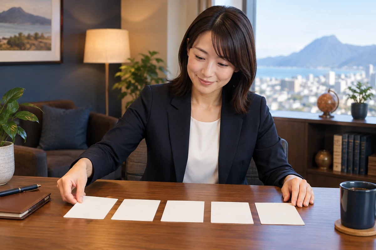 大分の探偵相談前に五つの疑問をカードへ整理する成人女性のイメージ