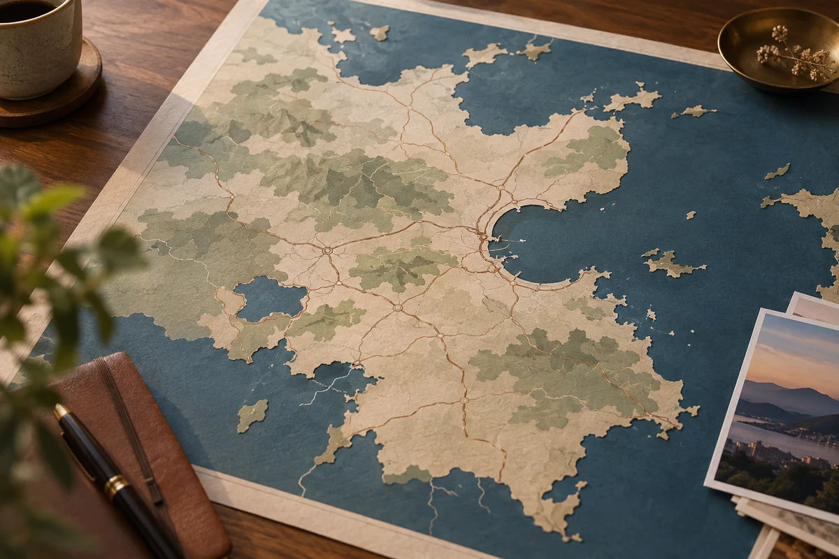 大分市と別府と県北県西県南を含む調査移動範囲を抽象地図で整理するイメージ