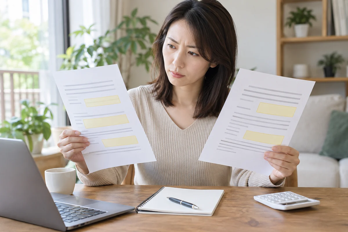 二つの探偵契約書で最大総額と解約条件を照合する手元のイメージ
